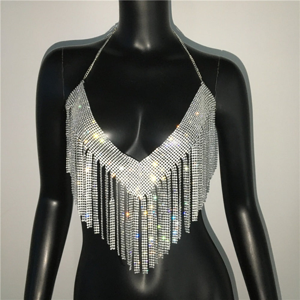 Glamorous Golden-Tone Rhinestone Tassel Necklace - Luxurious Alloy Crop Top with Sparkling Fringe Detail, Perfect for Parties & Celebrations